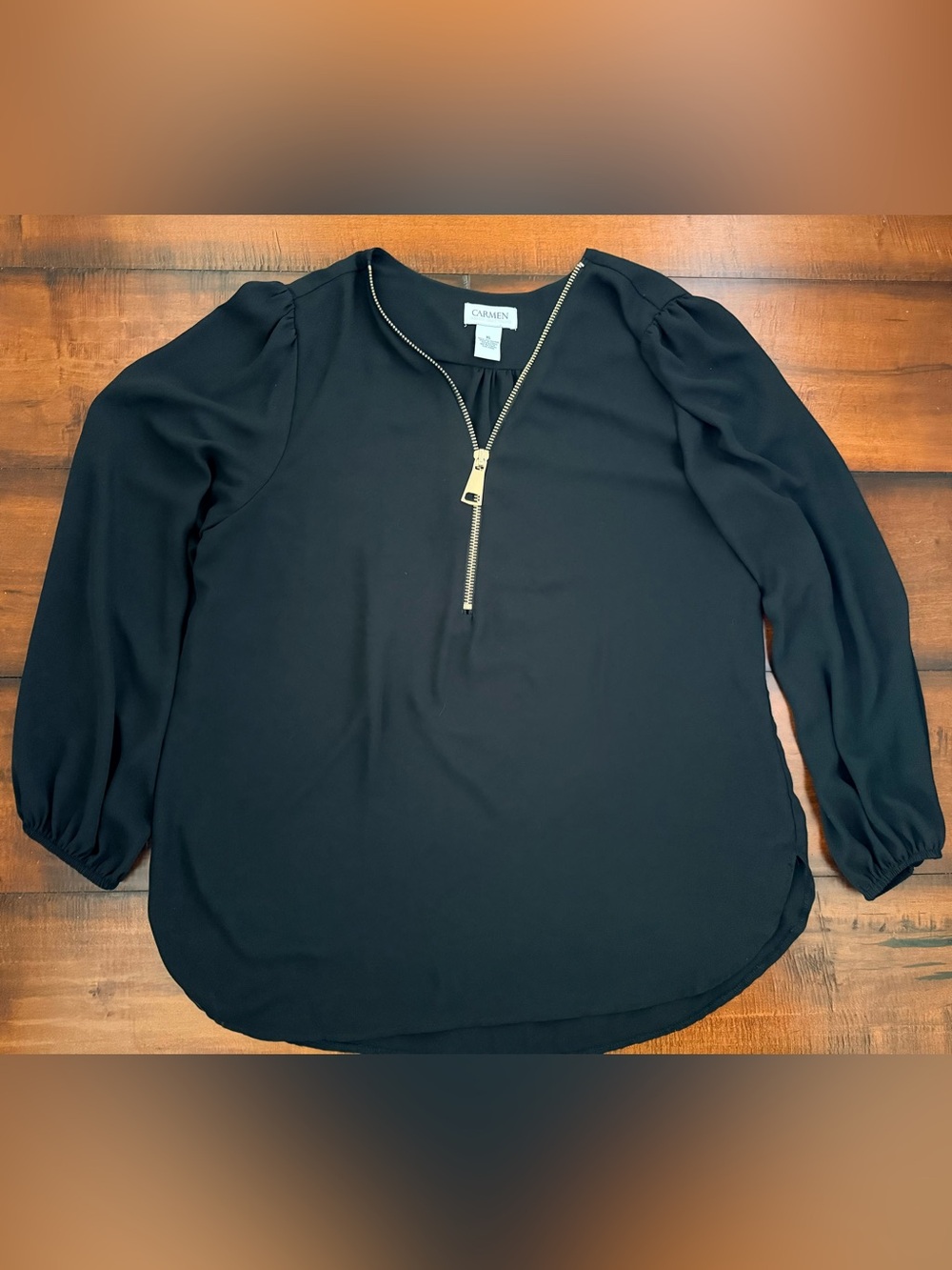 Carmen Marc Valvo Black Blouse with Gold Zip Detail